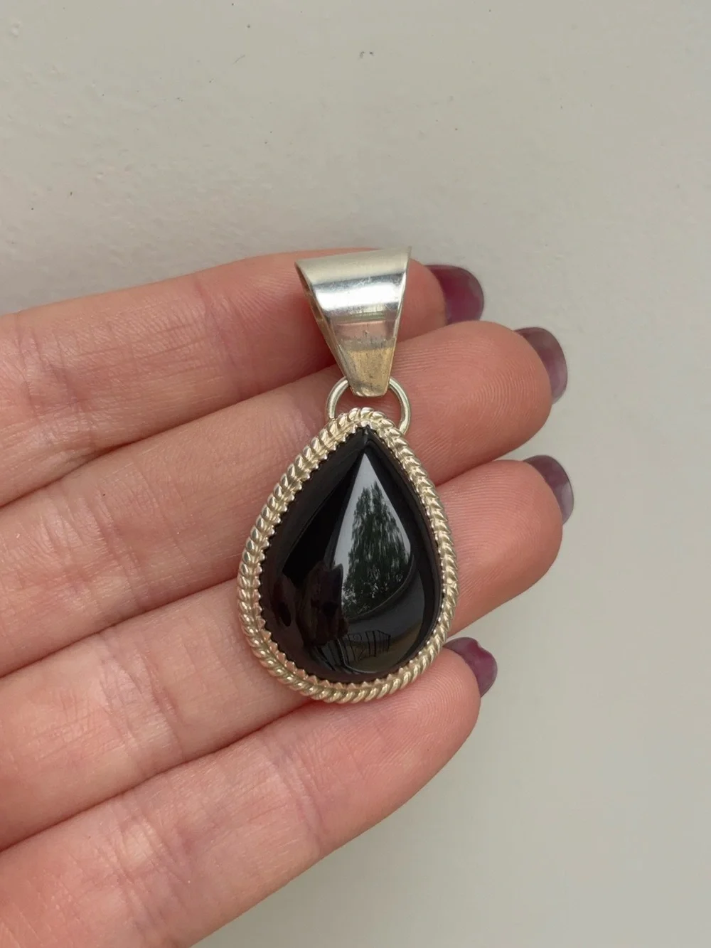 Large Sterling Silver Teardrop Black Onyx Pendant